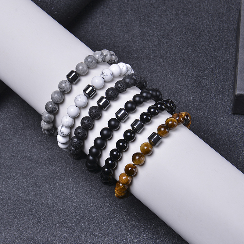 AliExpress Wish new 8MM black volcanic stone agate stone bracelet elastic rope black magnet beaded bracelet