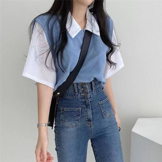 2023 Summer polo lapel fake two-piece college style contrast color short sleeve t-shirt women's loose casual all-match top ins