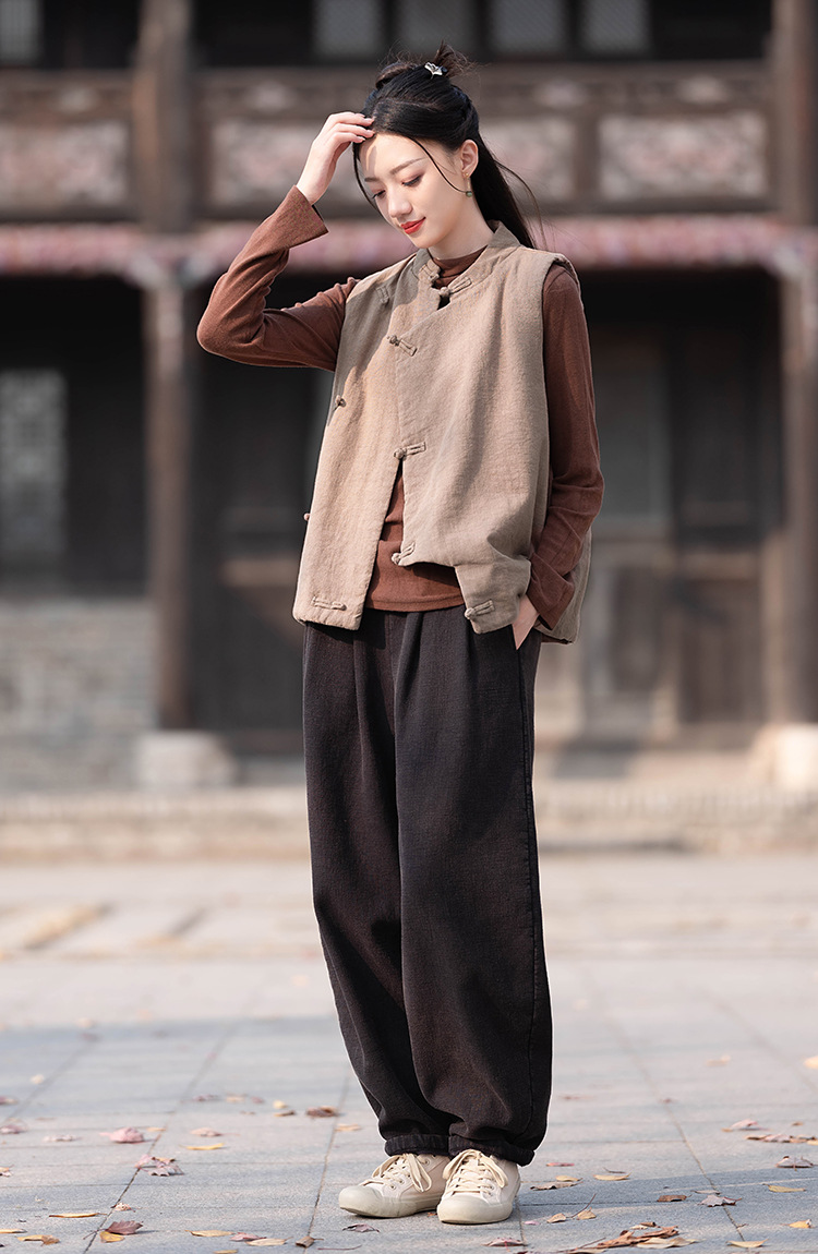 23 cotton and linen women's clothing New National style vintage buckle cotton vest top women's sand wash linen quilted warm vest_voghion.com