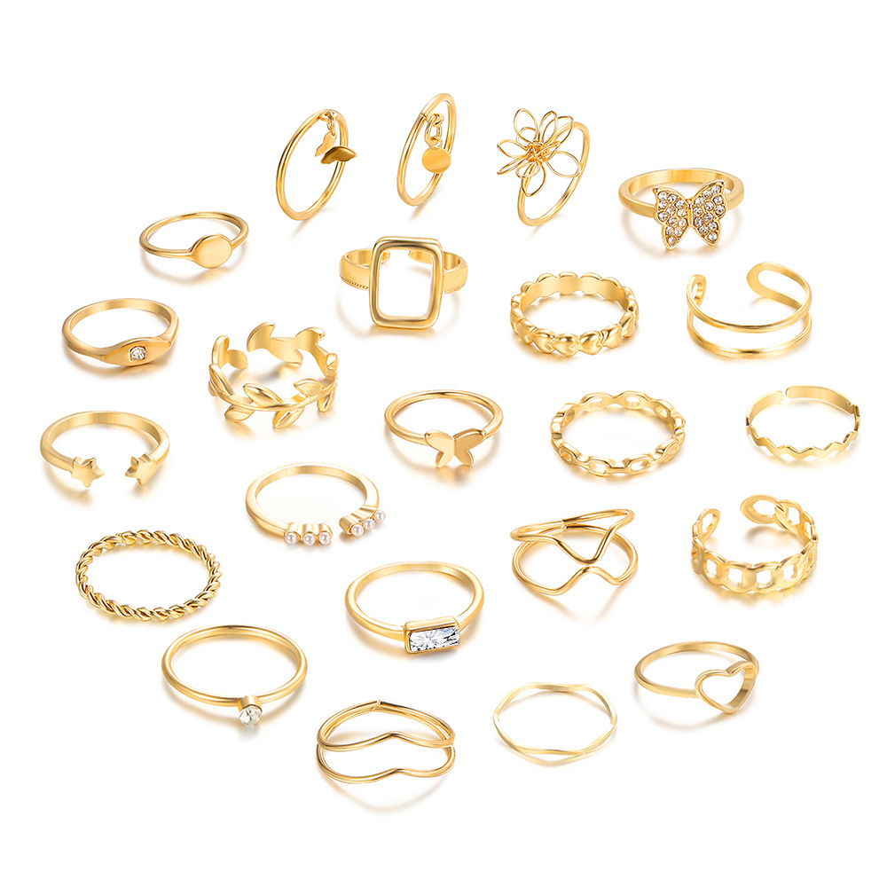 Creative personality geometric metal style stacked joint ring new alloy ring 23-piece set_voghion.com