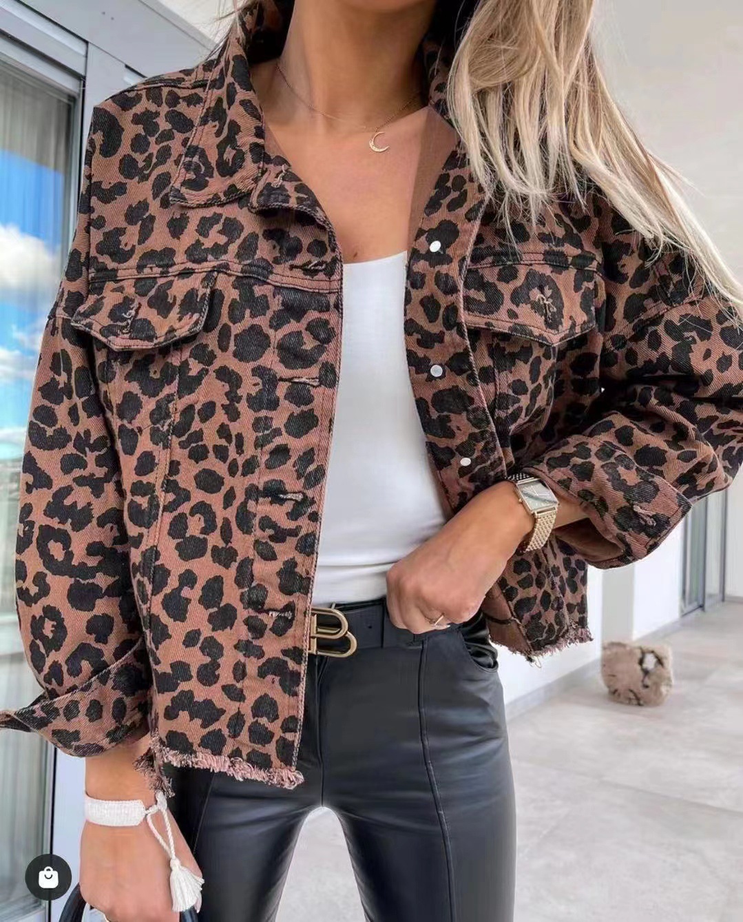 Spot 2023 Independent Station New Explosions Leopard Denim Jacket Fashionable Washed Dressed Old Tassel Denim Jacket for Women