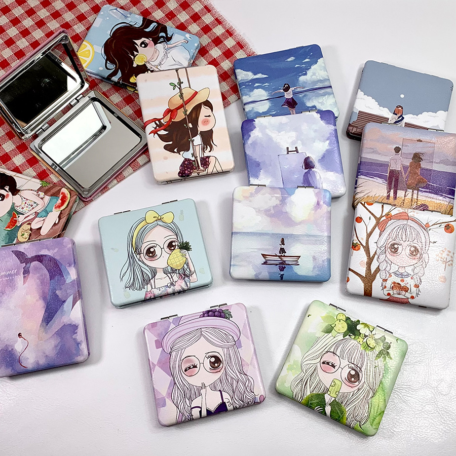 Korean Style ins Folding Makeup Mirror Cute Cartoon Girl Heart Double-sided Mirror Portable Bag Essential New Small Mirror