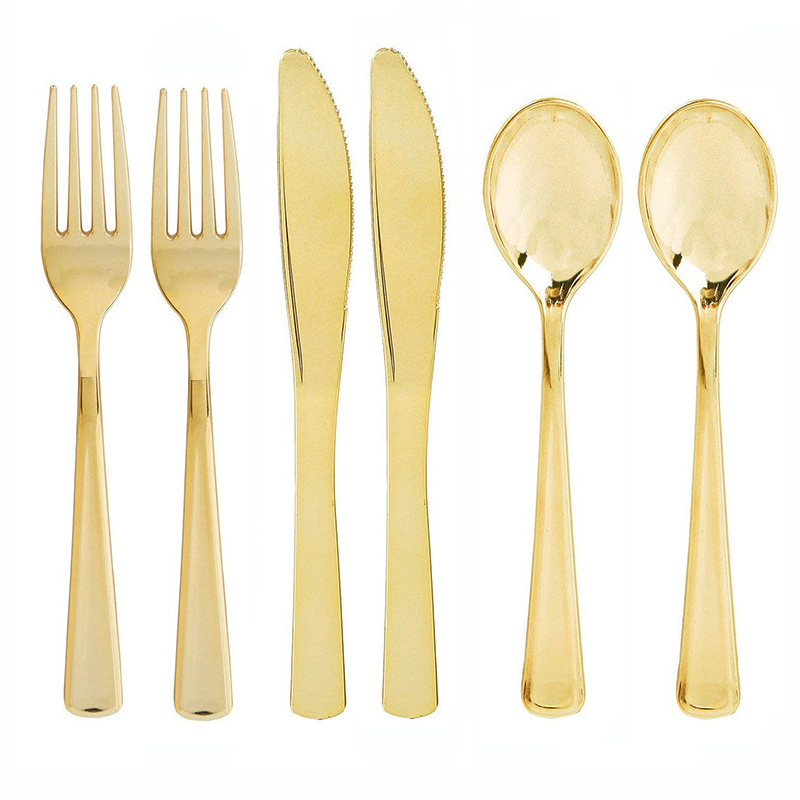 Factory direct PS plastic UV plating Golden disposable knife, fork and spoon birthday wedding cross-border party tableware