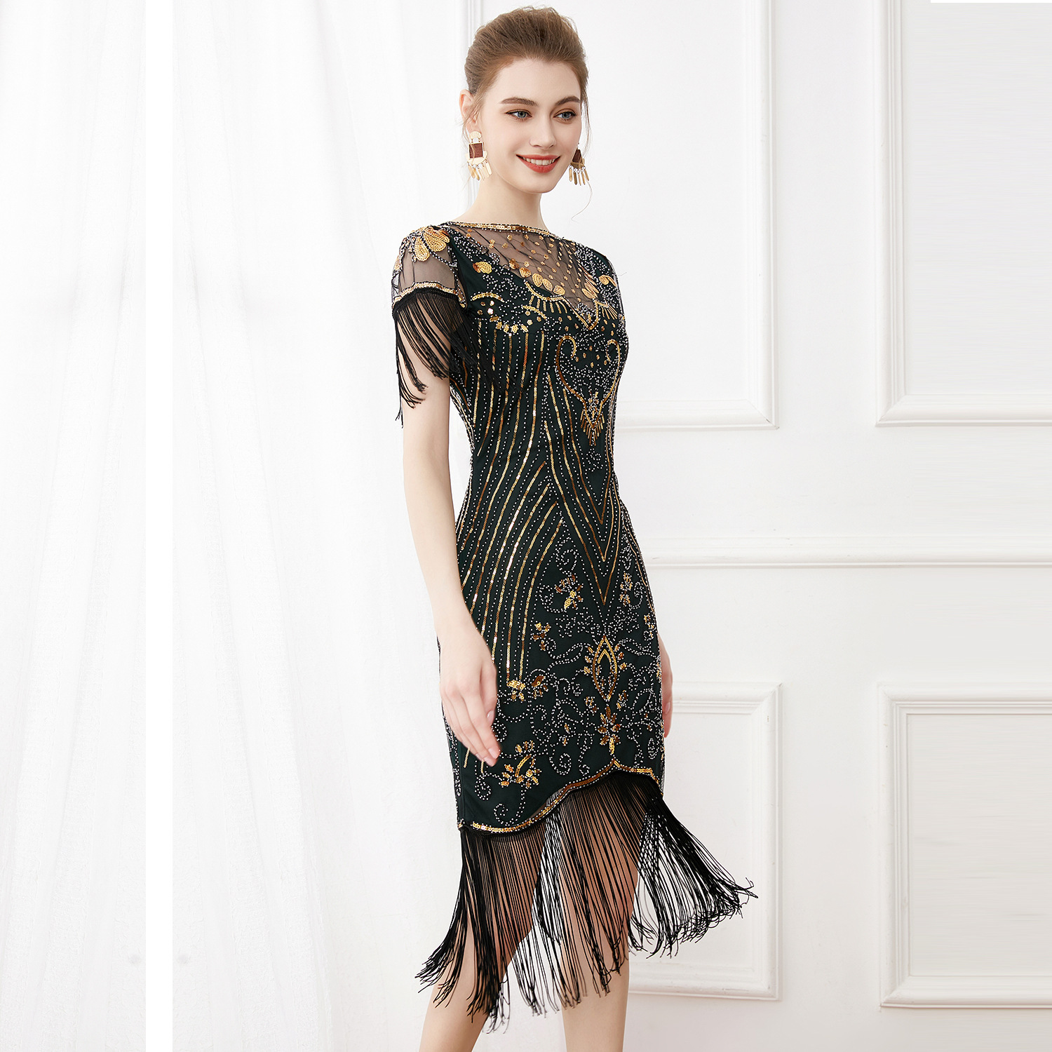1920s Retro Dance Party Embroidered Tassel Dress Cocktail Party Plus Size Sequin Beaded Mesh Dress