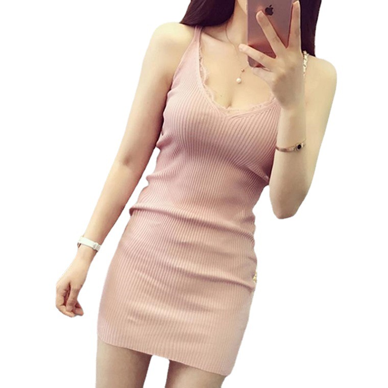 Mid-length Camisole Dress Women's Knitted Summer Lace Base Shirt Sexy Outer Wear Inner Student Korean Style