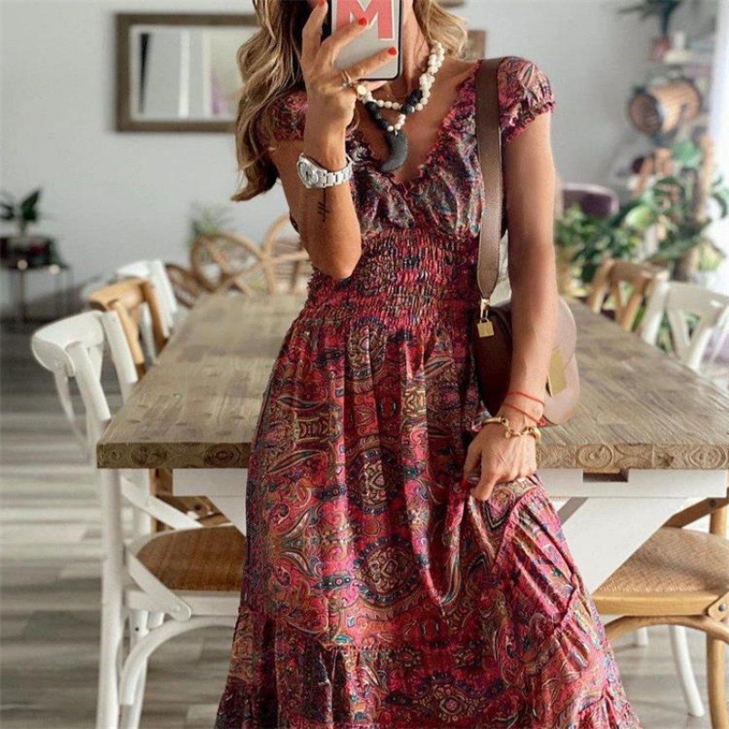 European and American Cross-border Bohemian Style 2022 New Style Long Dress Waisted Floral Printed Large Swing Dress