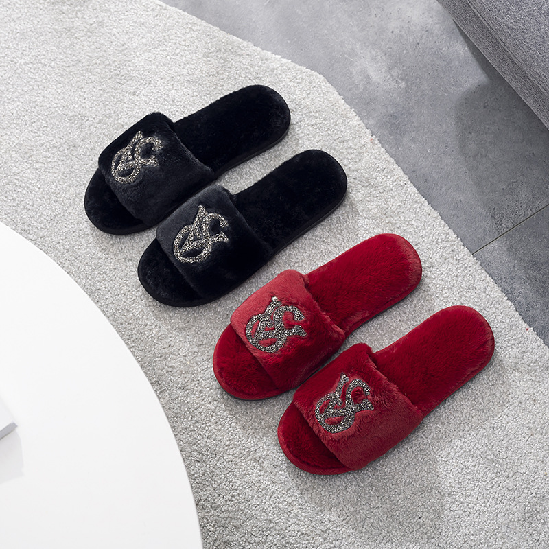 Rhinestone plush slippers women's foreign trade 2024 new home bright diamond warm fashion Open cotton slippers cross-border