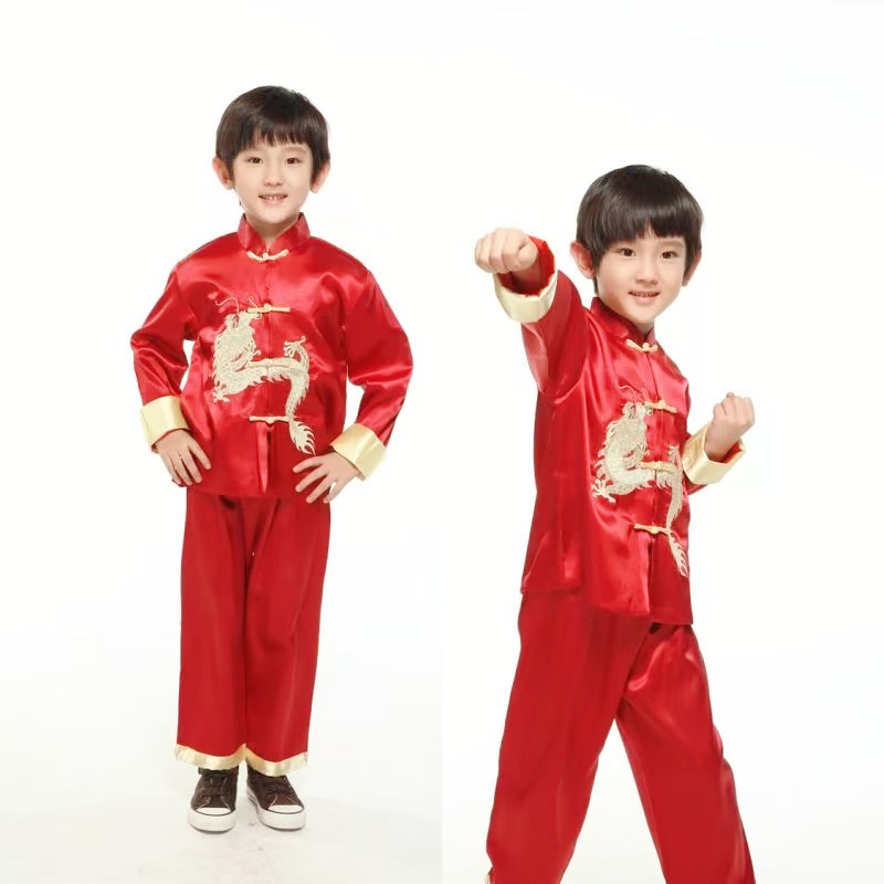 Chinese style embroidered dragon boy Tang suit Red Spring festival dress student performance clothing long sleeve trousers