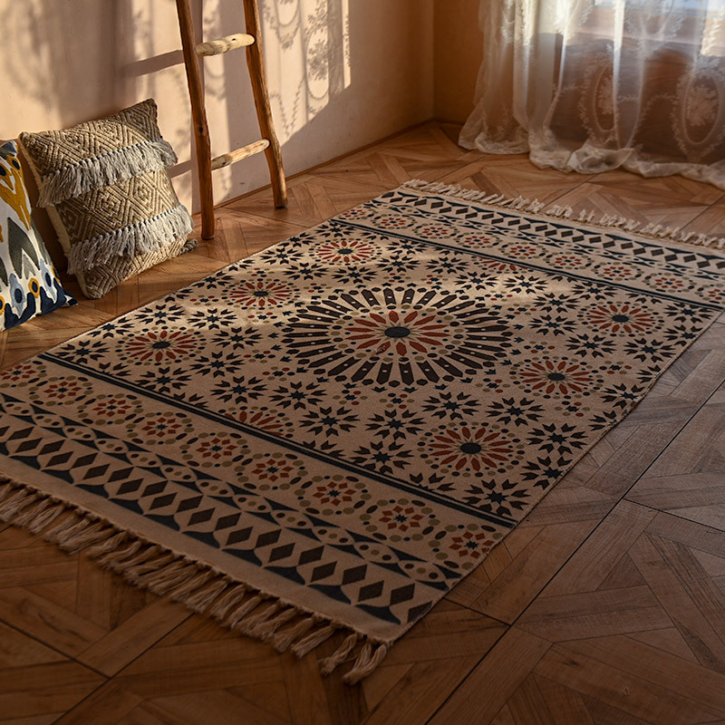 ins Bohemian Cotton and Linen Floor Mat Living Room Sofa Carpet Bedroom Bedside Foot Mat Long Tatami Mat Machine Washable