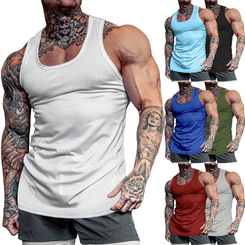 Cross-border Foreign Trade Men's Deep Dig Bodybuilding Fitness Vest Solid Color Summer Comprehensive Training Sports Base Undershirt