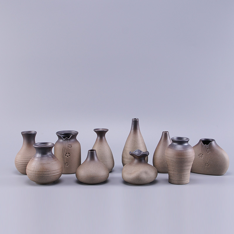 Wholesale Mini Ceramic Vase Vintage Ceramic Flower Set Tea Table Vase Coarse Pottery Zen Style Hydroponic Small Flower Insert Dried Flowers