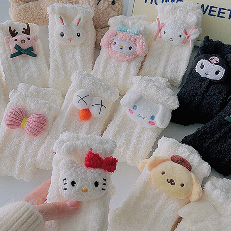 Doll coral fleece socks women's autumn and winter fleece-lined thickened warm Japanese cute white home sleep mid-calf length socks