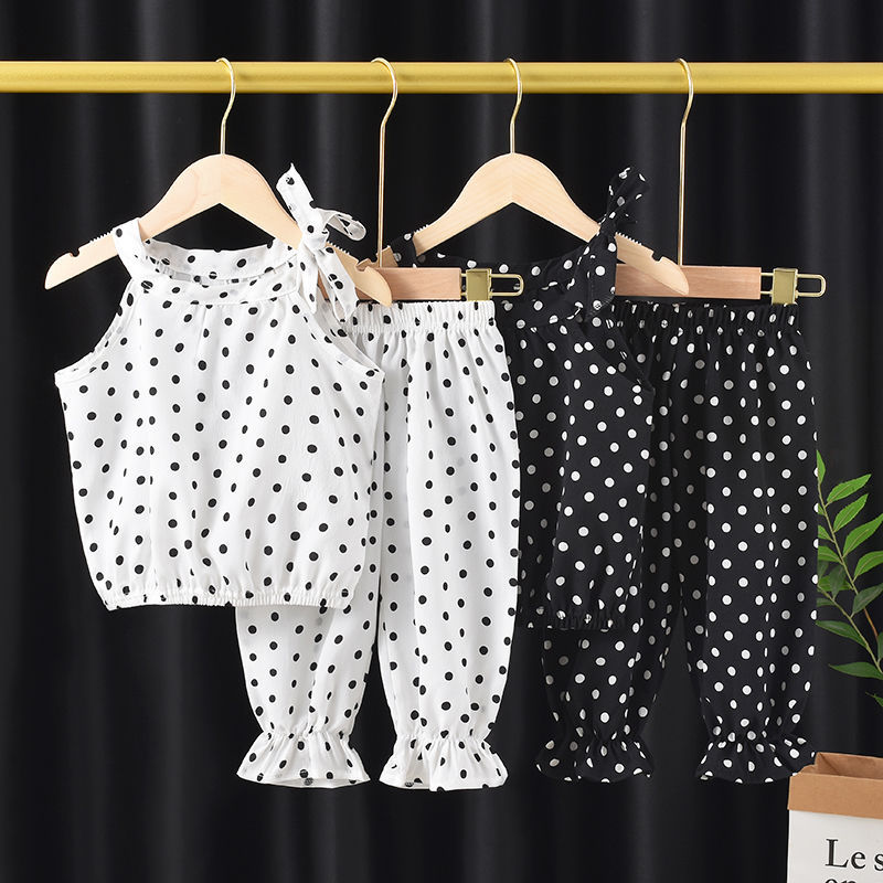 Girls' Sling Set Children's Summer Wear Korean Style Girls' Wave Dot Sling 2024 New Chiffon Set Baby Children's Wear