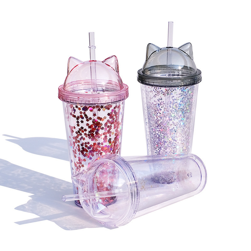 代件水杯insプラスチックストローカップ創意プレゼントカップ猫耳フラッシュ片二重カップロゴ|undefined