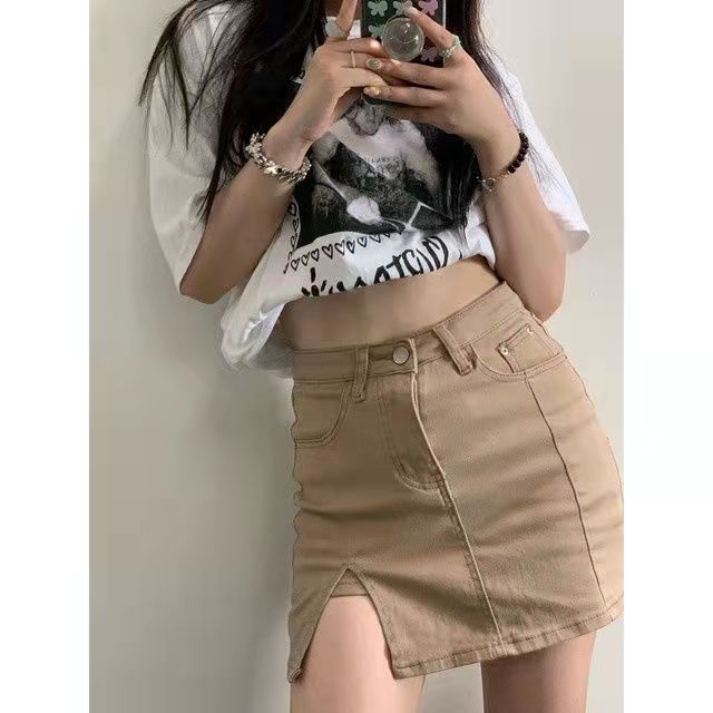 Split Skirt Denim Skirt 23 New European and American Spice Girls ins Internet Popular Sexy High Waist A- Shaped Hip Skirt Women