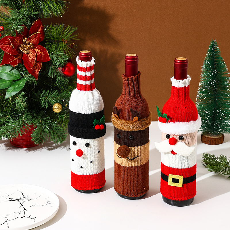 Christmas decoration wine bottle set cartoon knitted old man snowman red wine set Christmas restaurant atmosphere decoration decoration