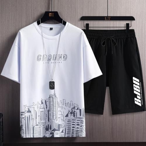 Summer New Ice Silk Short-sleeved T-shirt Men's Sports Suit Young Students Loose Large Size Half-length Pants Top Clothes