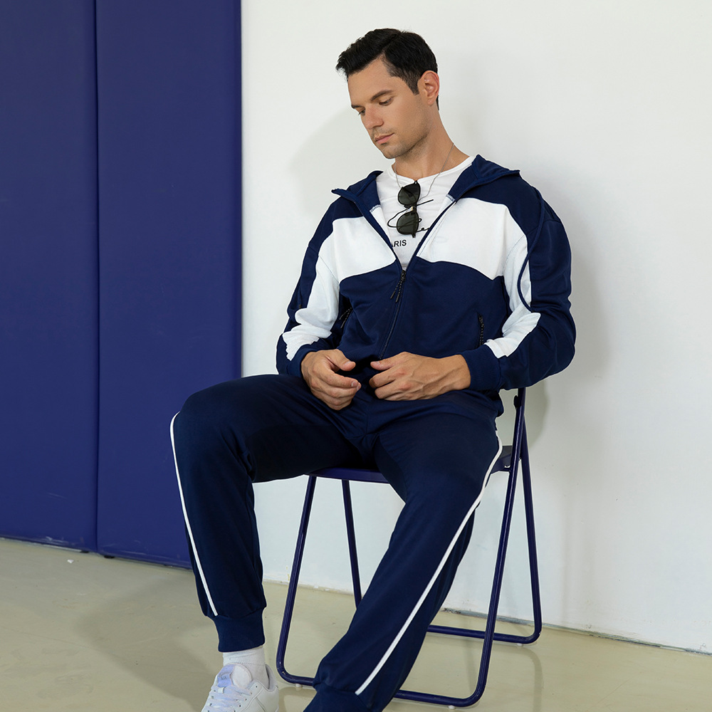 Autumn and Winter New Men's Casual Two-piece Cross-border Color-inserted Contrast Large Size Loose Cardigan Hooded Sports Suit