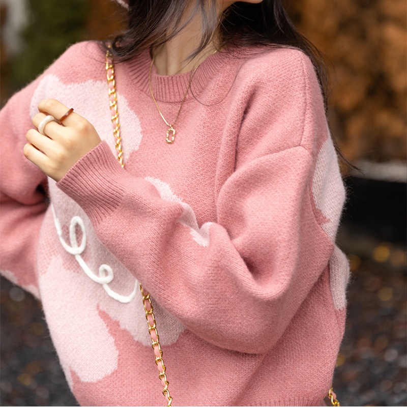 Japanese and Korean Autumn and Winter New Flower Sweater Women's Elegant Loose Lazy Style Design Contrasting Color Jacquard Pullover Sweater