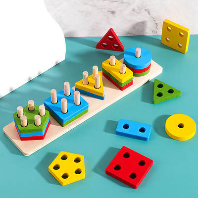 Children's geometric shape set of columns five sets of columns puzzle Montessori early education hand-eye coordination cognitive matching wooden toys