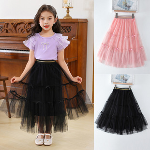 Girls' Skirt 2024 Spring and Autumn New Children's Korean-style High Waist All-match Mesh Princess Mid-length Gauze Skirt Cake Skirt