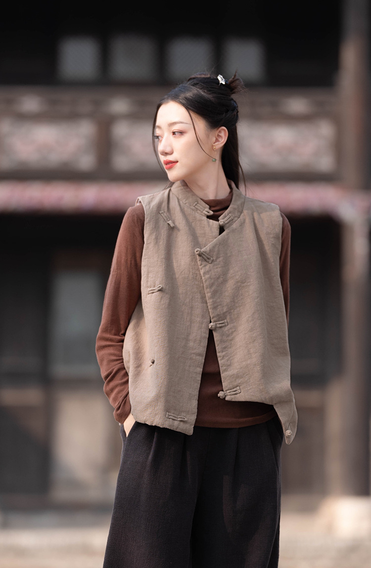 23 cotton and linen women's clothing New National style vintage buckle cotton vest top women's sand wash linen quilted warm vest_voghion.com