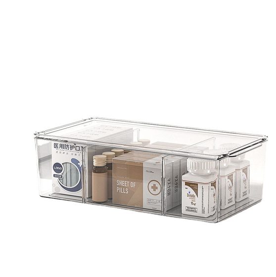 Overflow purchase three-compartment large-capacity storage box simple transparent PET desktop detachable medicine box finishing box