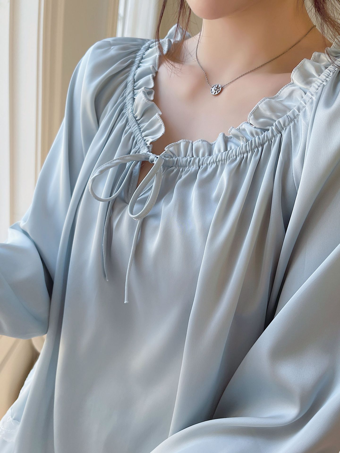 Pajamas Women's Autumn and Winter French Court Ice Silk Princess Style Silk Home Clothes Sweet Home Long Sleeve Trousers Set