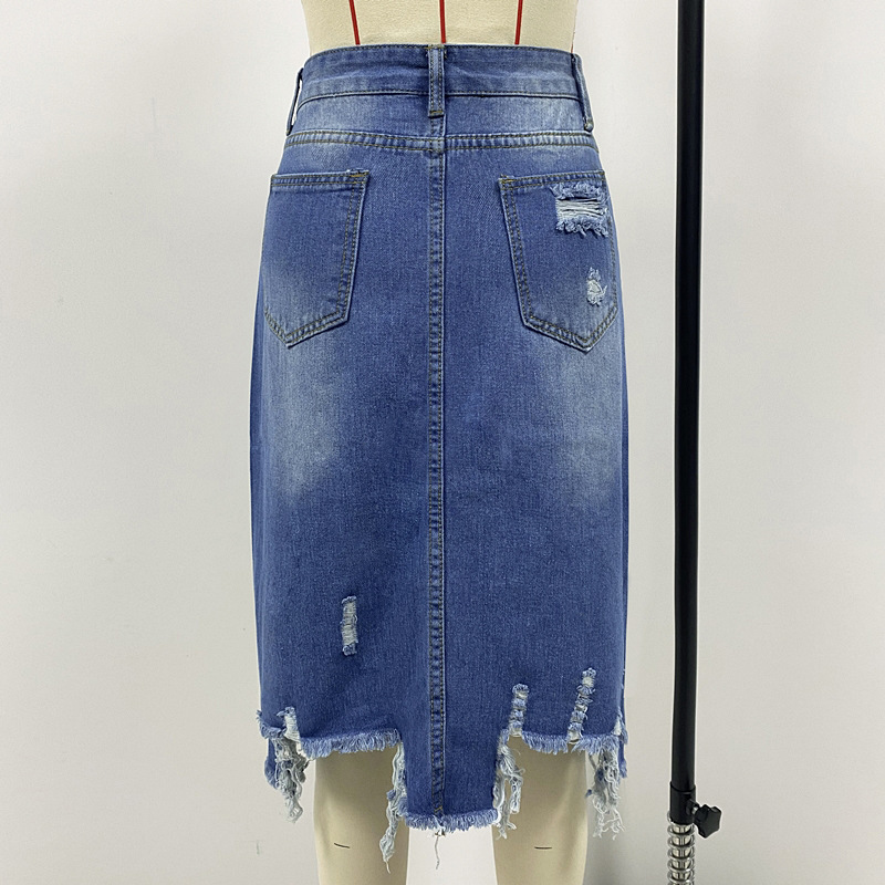 Summer New Cross-border European And American Denim Skirt Women Elegant Washed Irregular Ripped Tassel Midi Skirt ChezWe