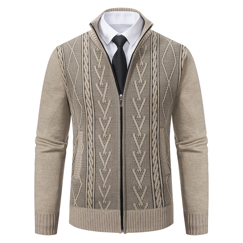 2023 new men's autumn and winter cardigan stand collar sweater jacquard coat men's thickened warm casual sweater fashion