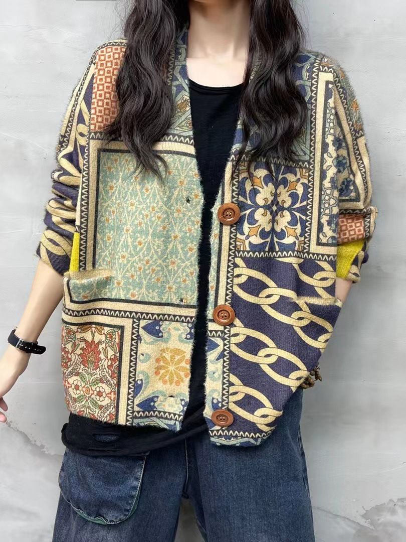 Ethnic style knitted sweater women's autumn and winter 2023 New Yunnan tie-dyed V-neck cardigan mink velvet women's outer wear wholesale