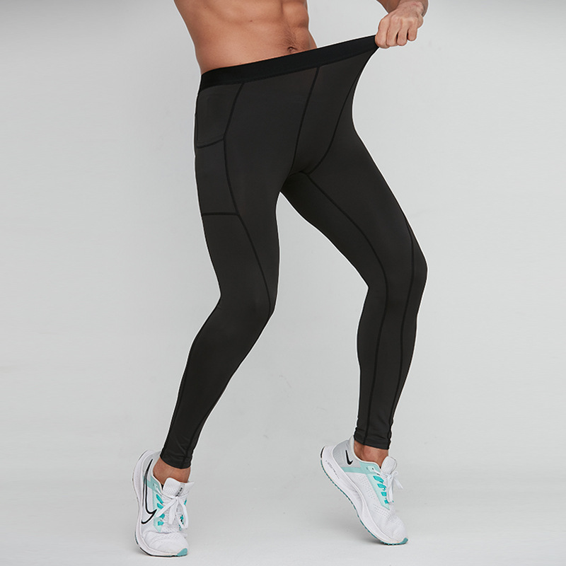 Men's Skinny Sports Pants Fitness Running Training Trousers Cross-border Breathable Quick-drying Stretch Side Pocket Skinny Pants