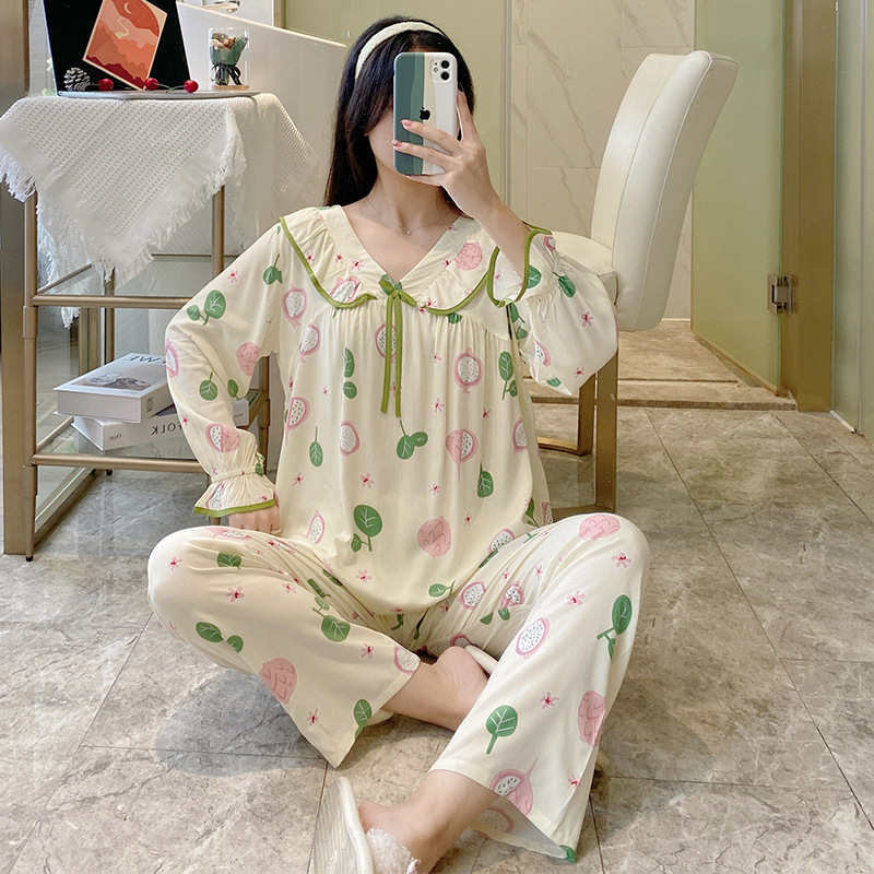 Spring and Summer 2025 New Pajamas Women's Long Sleeve Pants 40 Whole Person Cotton Silk suit Petal V-Neck Quality Home