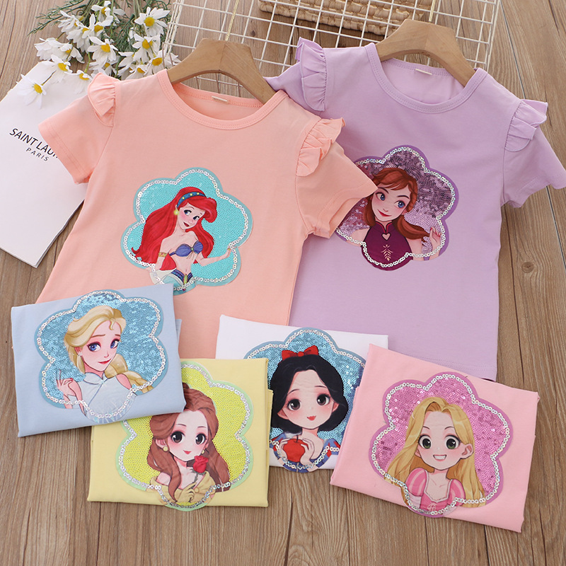 2024 Summer New Children's Clothing Girls' Short Sleeve T-shirt Glitter Princess Base Shirt Cotton Crew Neck Top Foreign Trade Wholesale