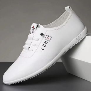 New men's casual shoes outdoor sneaker business men's leather shoes White shoes men's slip-on lightweight all-match peas