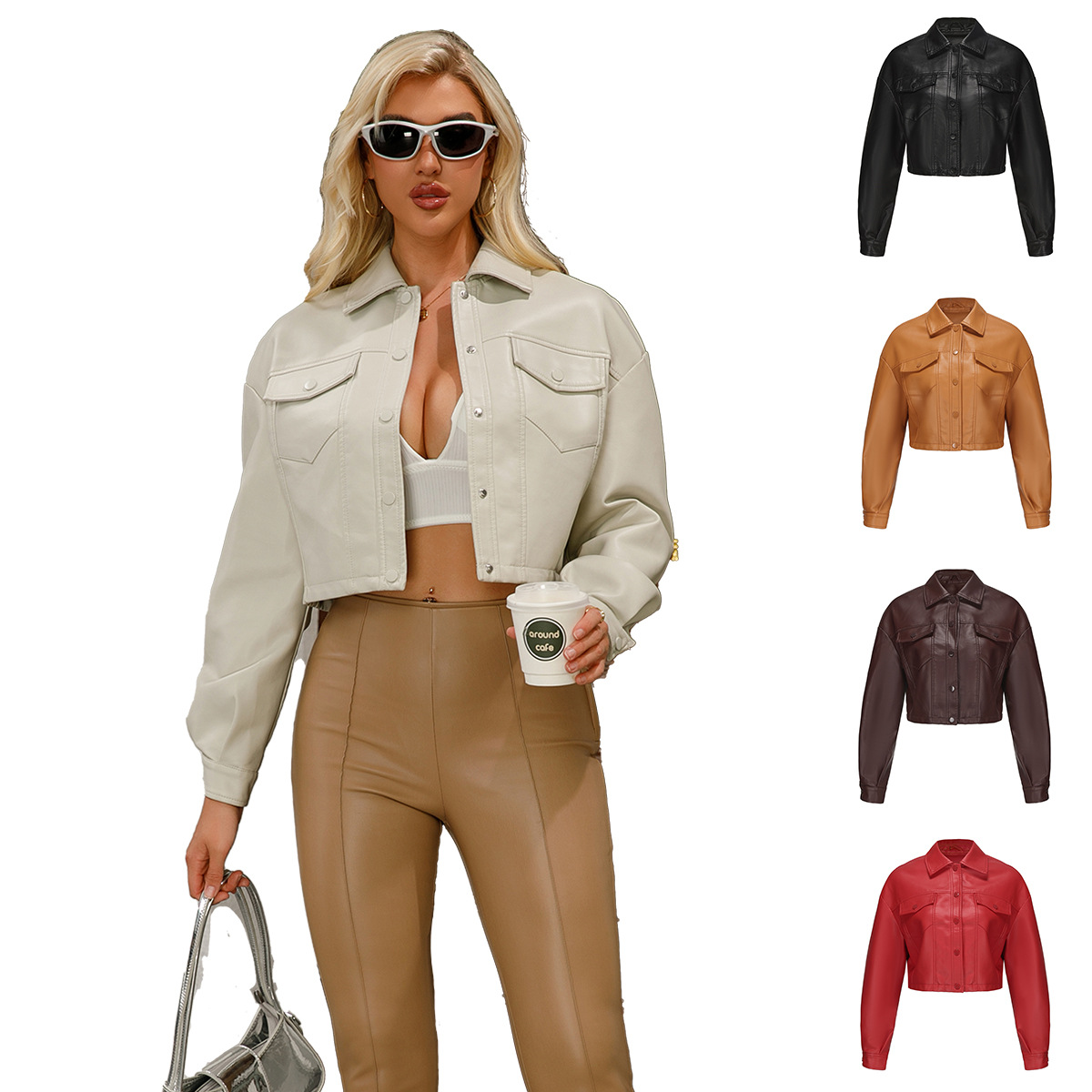 2024 Spring and Autumn New Loose Casual Leather Women's Long-sleeved Single-breasted Women's Short Jacket Lapel European and American Fashion