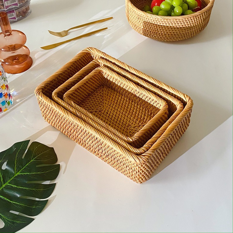 Vietnam Autumn Rattan Weaving Basket Storage Basket Fruit Bread Blue Woven Snacks Rectangular Household Japanese Desktop Basket