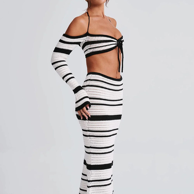 2024 New Hot Girls Women's suit Summer Striped Long Sleeve Neck Top Half Skirt Two-piece Set for Women