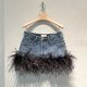 Niche design 24 early spring new personalized feather decoration Denim V-neck strap high waist skirt slimming suit