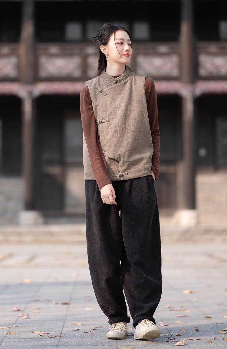 23 cotton and linen women's clothing New National style vintage buckle cotton vest top women's sand wash linen quilted warm vest_voghion.com