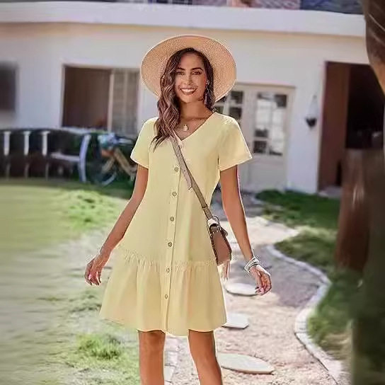 Women Button up Dress Loose Summer Cotton Linen Dress Ruffled Hem Casual Short Sleeve Dress