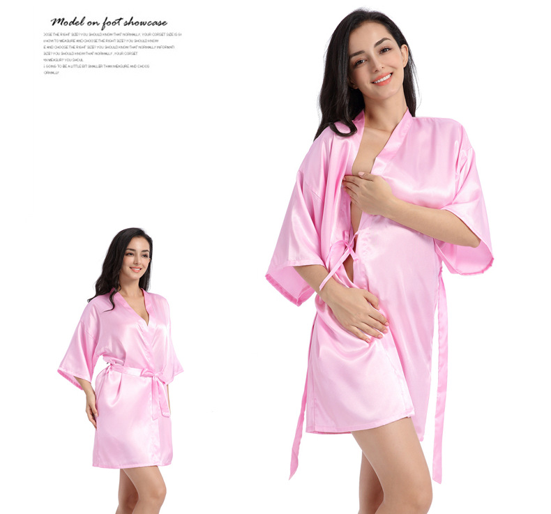 Cross-border Women's Twisted Sade Nightgown Bathrobe Solid Color Glossy Summer Thin Sexy Short Cardigan Gown_voghion.com