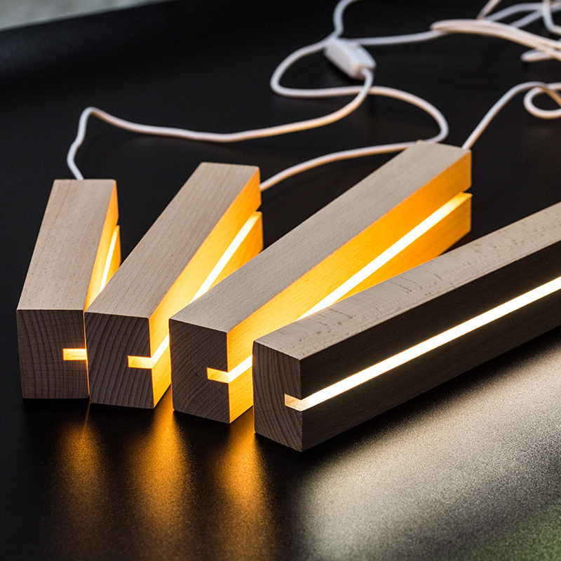 Factory wholesale solid wood luminous base 3d long strip night light base acrylic led lamp holder usb plug-in lamp holder