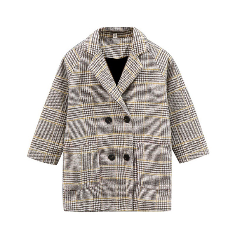 Girls' Woolen Coat 2021 Autumn and Winter New Children's Mid-length Plaid Coat Trendy Woolen Coat for Large Children