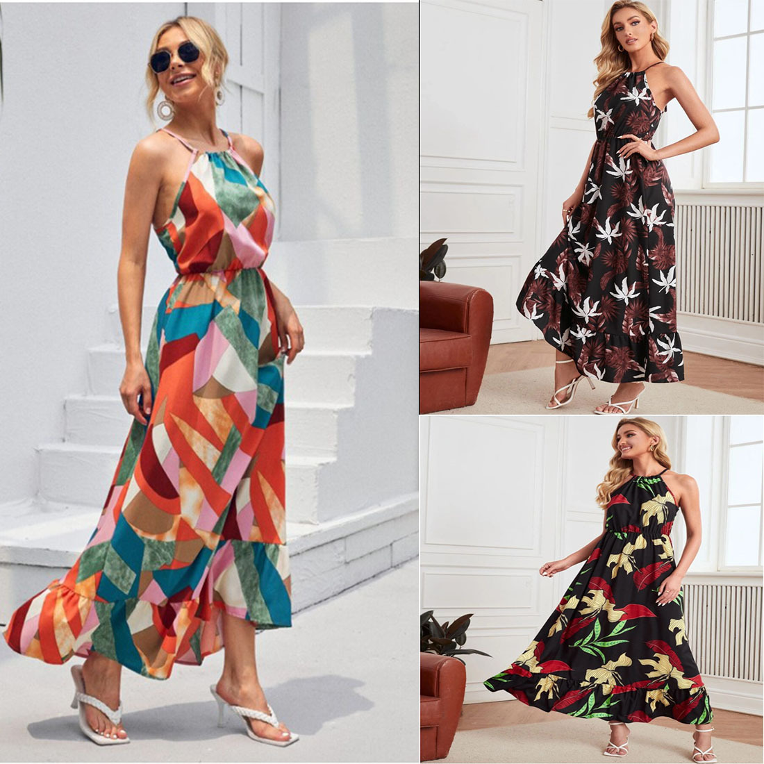 New printed ruffle hem neck dress holiday style printed dress sleeveless dress spot