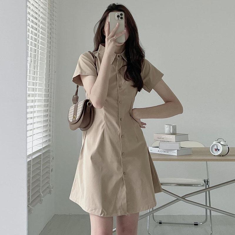 South Korea chic summer simple elegant lapel single-breasted waist slimming short sleeve shirt small dress