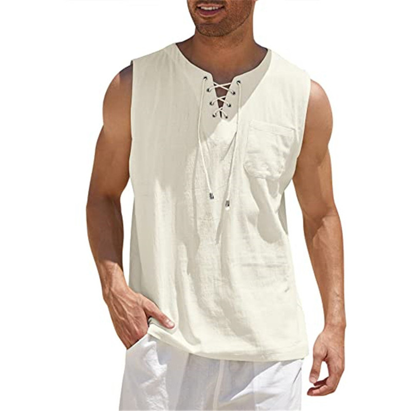 2024 Amazon New Men's Sleeveless Top Eaby Medieval Air Eye Lace-up Collar Men's Pullover Lining