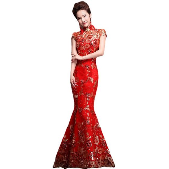 Bridal wedding toast dress red welcome cheongsam fishtail stage performance chorus dress etiquette dress long