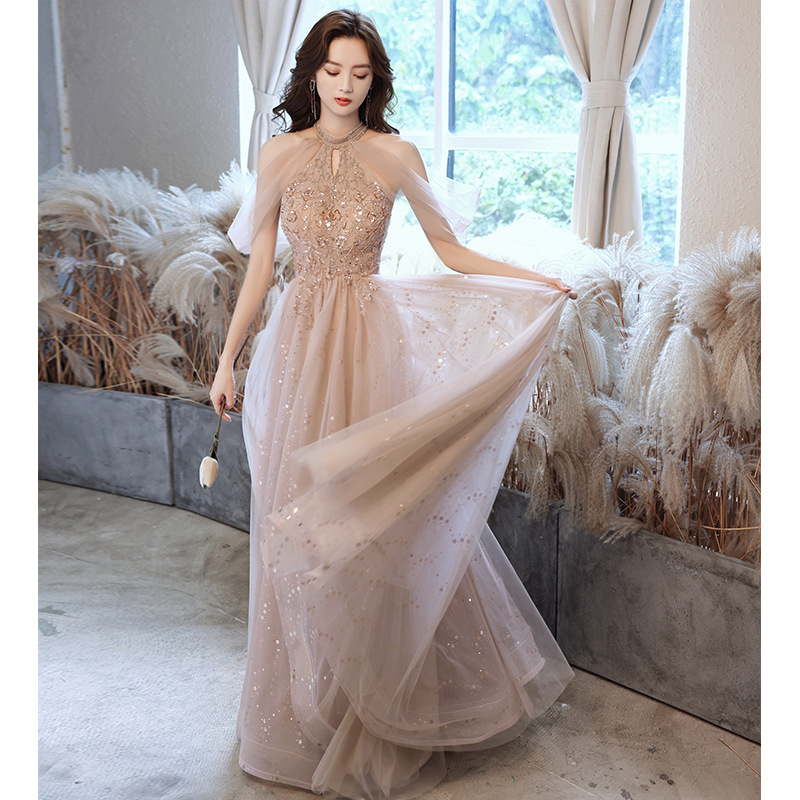 Champagne Evening Dress Dress 2024 New Spring Banquet Elegant Socialite Bridesmaid Dress Host Atmospheric Dress