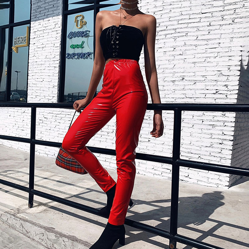 European and American popular bright bright mirror imitation leather thin tight elastic patent leather PU reflective mirror cropped sexy leather pants